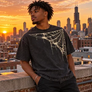 Lifestyle photo of a model wearing the Vintage Corner Web vintage spider web shirt with the upper-right cream web clearly visible
