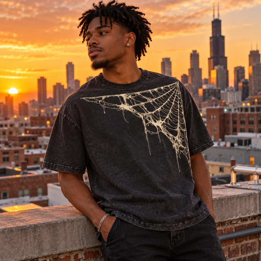 Lifestyle photo of a model wearing the Vintage Corner Web vintage spider web shirt with the upper-right cream web clearly visible