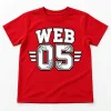 Front flat lay of red kids Web 05 Jersey spider birthday jersey shirt with bold white varsity print