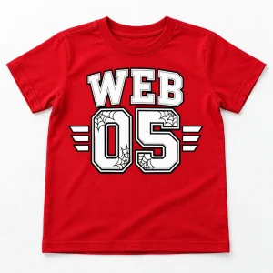 Front flat lay of red kids Web 05 Jersey spider birthday jersey shirt with bold white varsity print