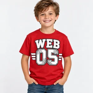 Child model wearing red Web 05 Jersey spider birthday jersey shirt with WEB lettering and number 05