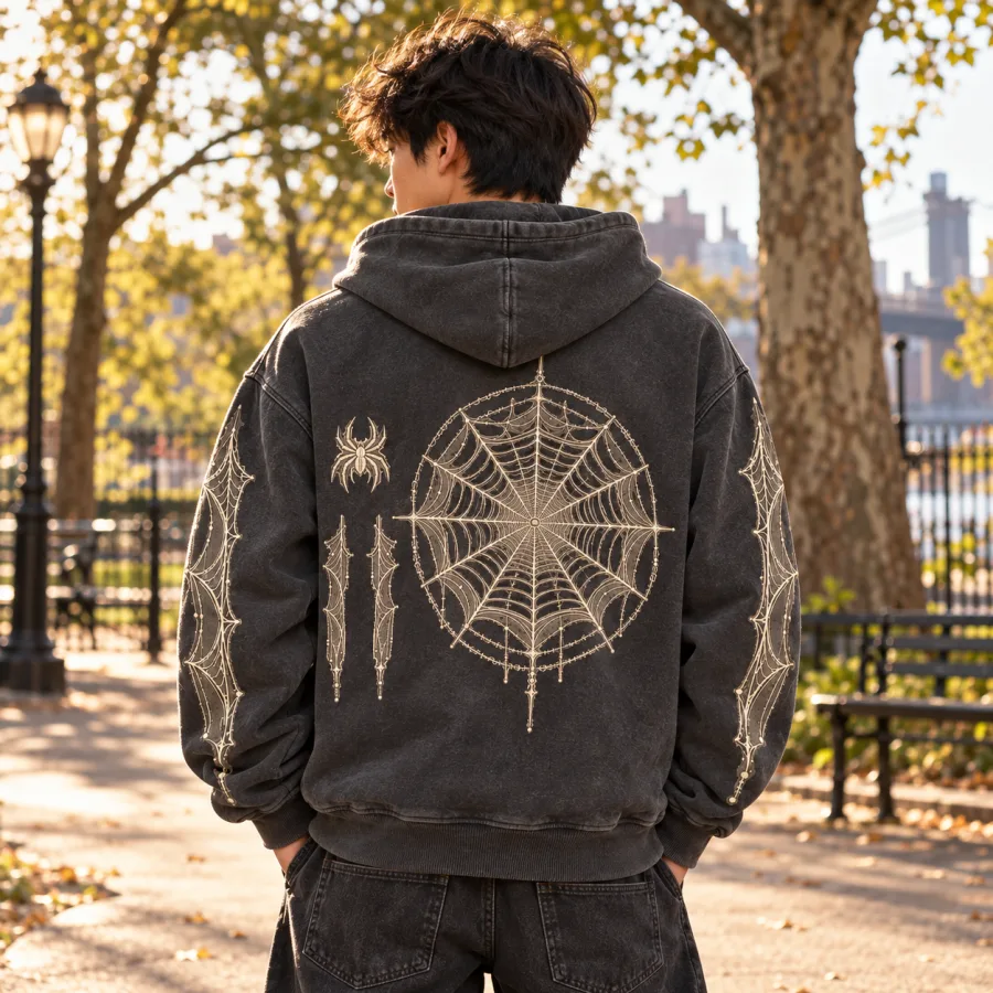 Back view of Web Archive Zip spider web zip hoodie showing the large cream archival web diagram