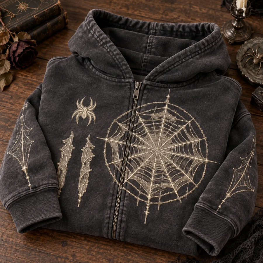 Folded Web Archive Zip washed charcoal hoodie showing cream spider and web artwork on a wooden table