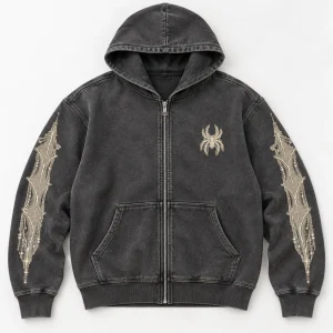 Front flat lay of Web Archive Zip washed charcoal spider web zip hoodie with cream chest spider and sleeve web prints