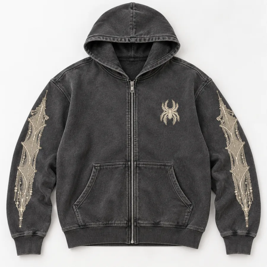 Front flat lay of Web Archive Zip washed charcoal spider web zip hoodie with cream chest spider and sleeve web prints