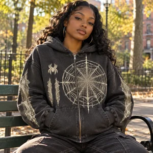 Black American woman wearing Web Archive Zip spider web zip hoodie in a Brooklyn park