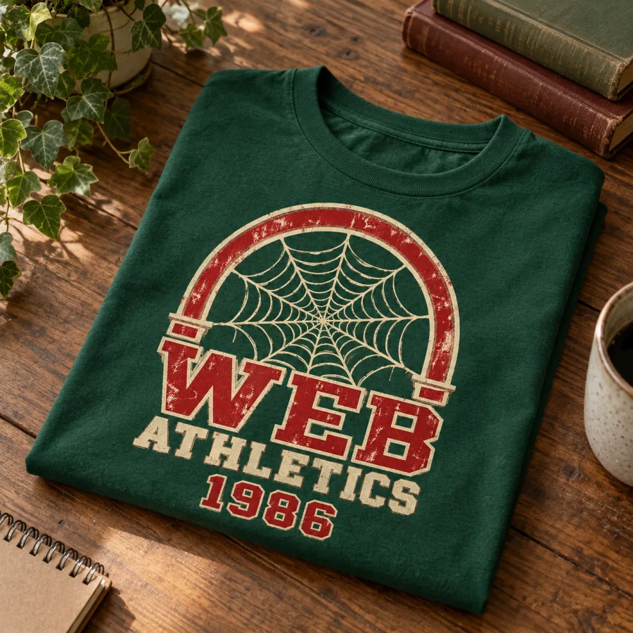 Folded forest green vintage spider web tee showing the varsity arch print