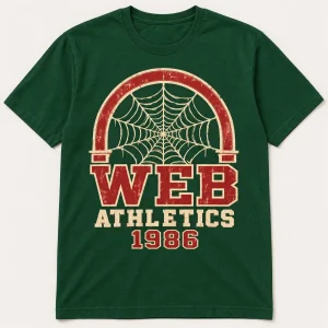 Front flat lay of forest green Web Athletics 1986 vintage spider web tee
