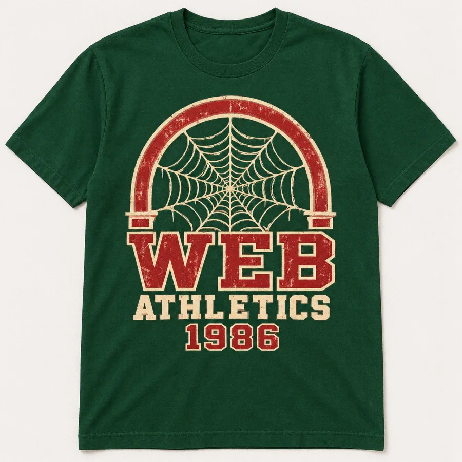 Front flat lay of forest green Web Athletics 1986 vintage spider web tee