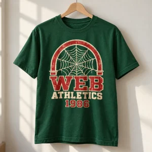 Web Athletics 1986 forest green tee hanging on a wooden hanger