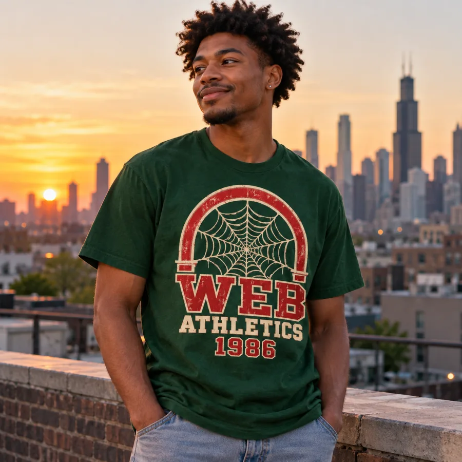 Young man in Web Athletics 1986 tee sitting on bleachers at a high school football field