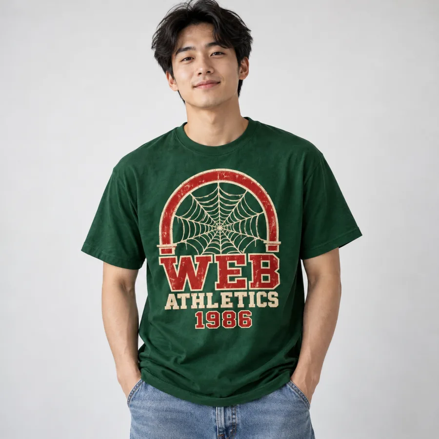 Model wearing forest green Web Athletics 1986 varsity spider web tee