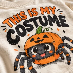 Close-up of Web Baby Costume orange and black spider pumpkin print on Natural cotton-look fabric