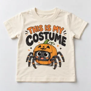Front flat lay of Natural toddler tee with Web Baby Costume spider pumpkin Halloween print