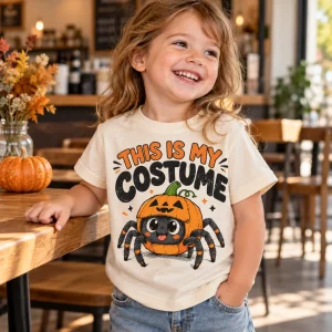 Lifestyle photo of child wearing Natural Web Baby Costume Halloween spider tee in a cozy setting