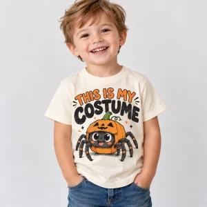 Happy toddler wearing Natural Web Baby Costume toddler halloween costume shirt from the front