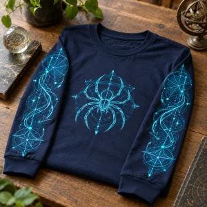 Folded navy Web Blueprint Sleeves tee showing the chest diagram