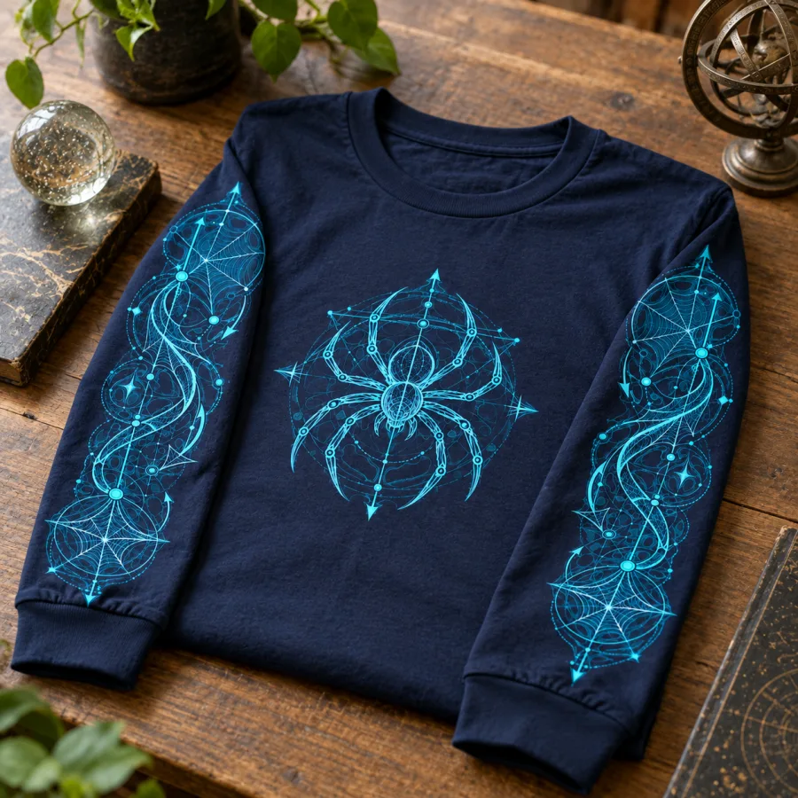 Folded navy Web Blueprint Sleeves tee showing the chest diagram