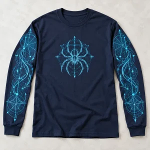 Front flat lay of navy Web Blueprint Sleeves spider blueprint long sleeve