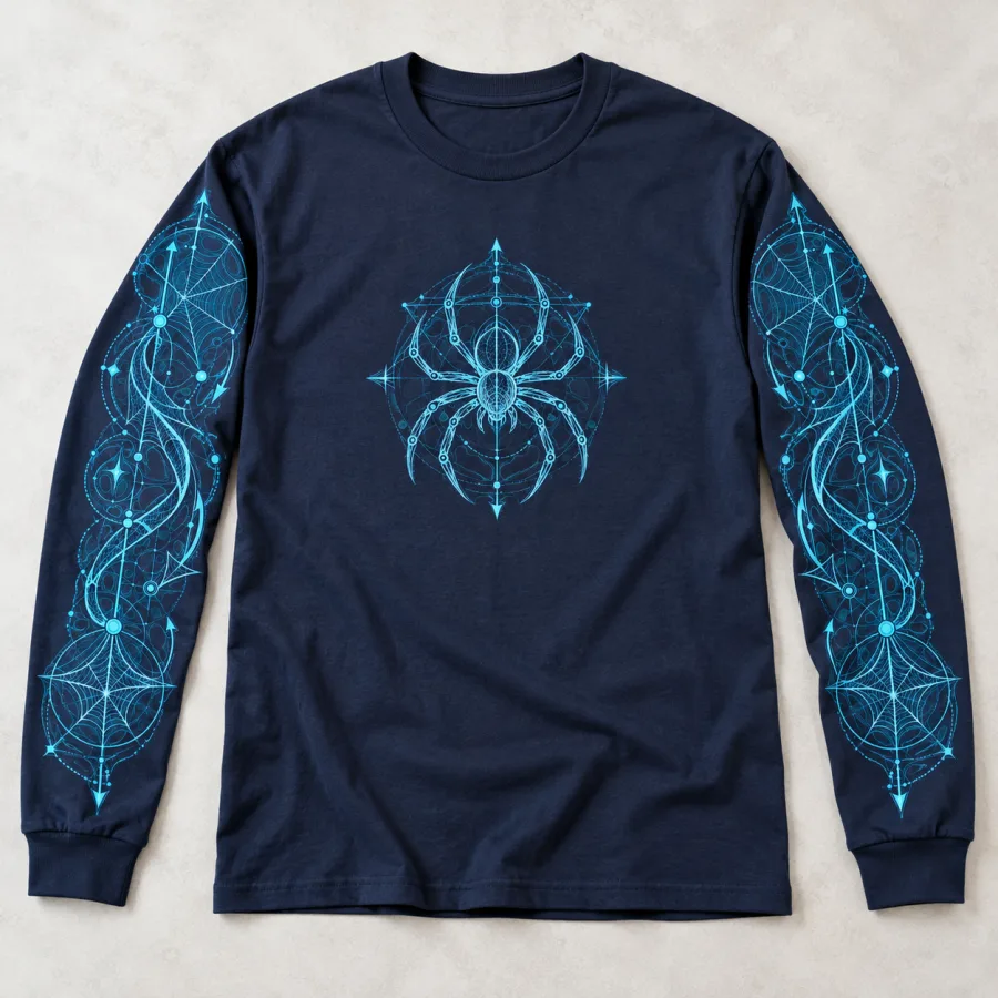Front flat lay of navy Web Blueprint Sleeves spider blueprint long sleeve