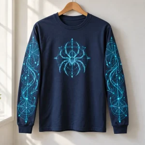 Navy Web Blueprint Sleeves long sleeve on a wooden hanger
