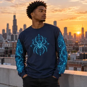 Engineer wearing Web Blueprint Sleeves long sleeve at a workbench in a maker space