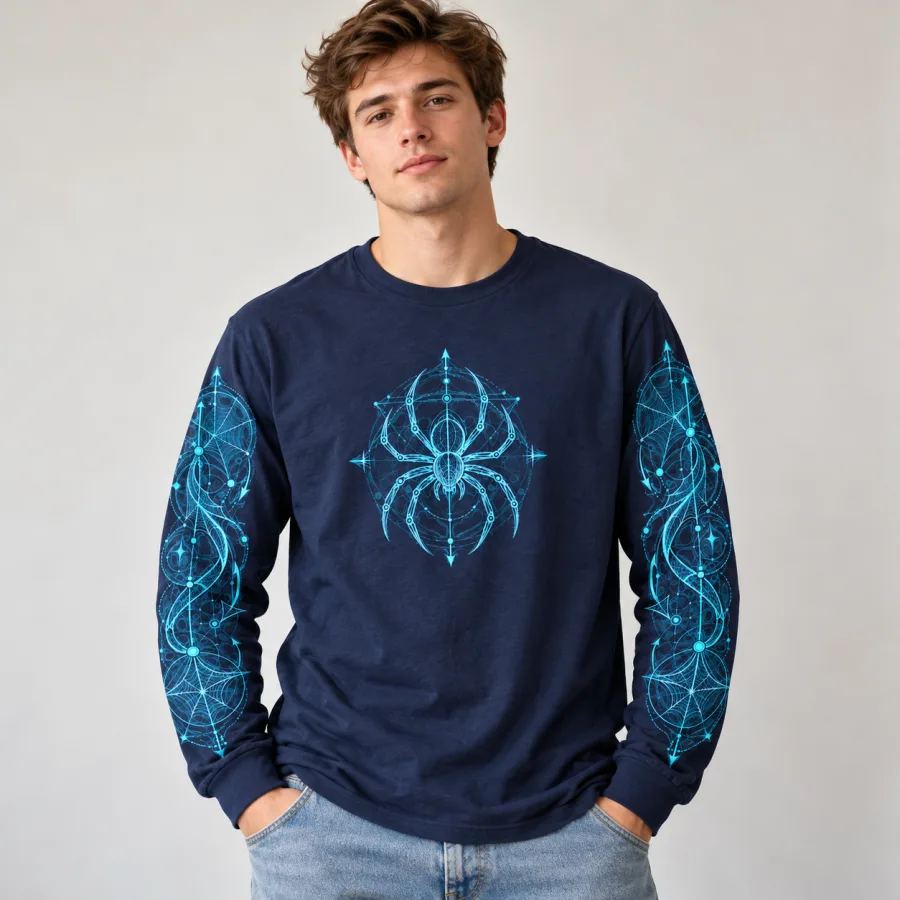 Man wearing navy Web Blueprint Sleeves tee with cyan sleeve lines