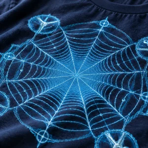 Close-up of pale cyan measurement marks and web construction lines on navy cotton