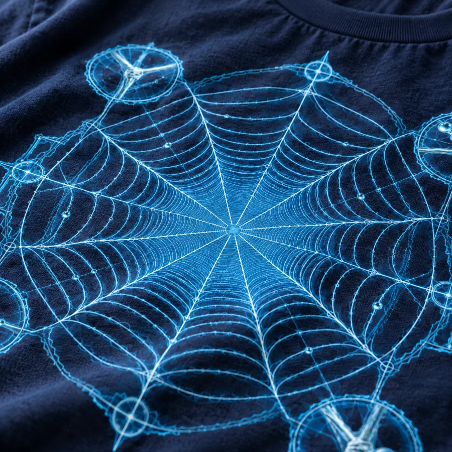 Close-up of pale cyan measurement marks and web construction lines on navy cotton
