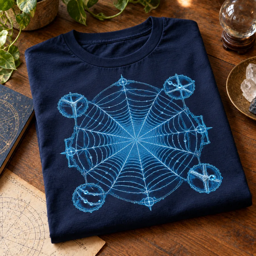 Folded navy Web Blueprint shirt with the cyan orb web print visible