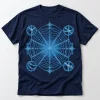 Front flat lay of navy Web Blueprint spider web design shirt with cyan line art