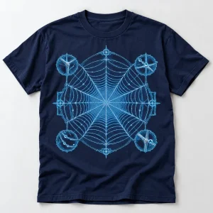 Front flat lay of navy Web Blueprint spider web design shirt with cyan line art