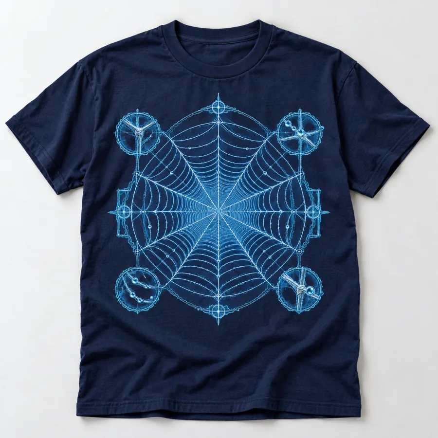 Front flat lay of navy Web Blueprint spider web design shirt with cyan line art