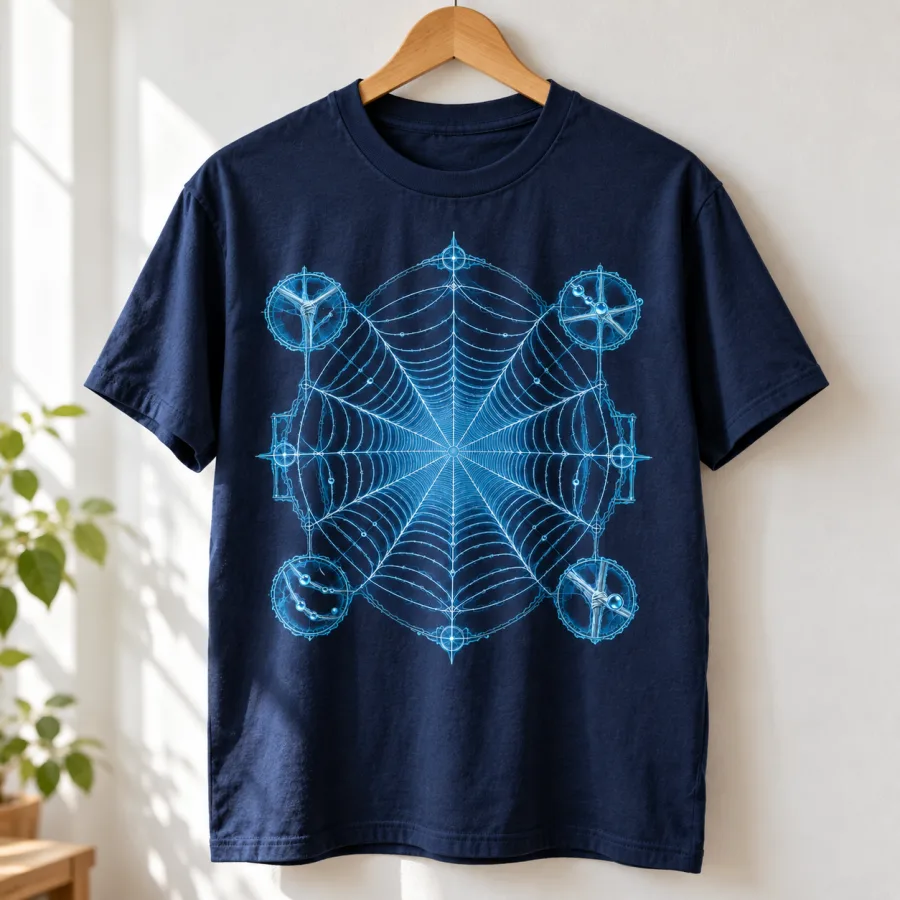 Navy Web Blueprint unisex tee hanging on a black metal hanger