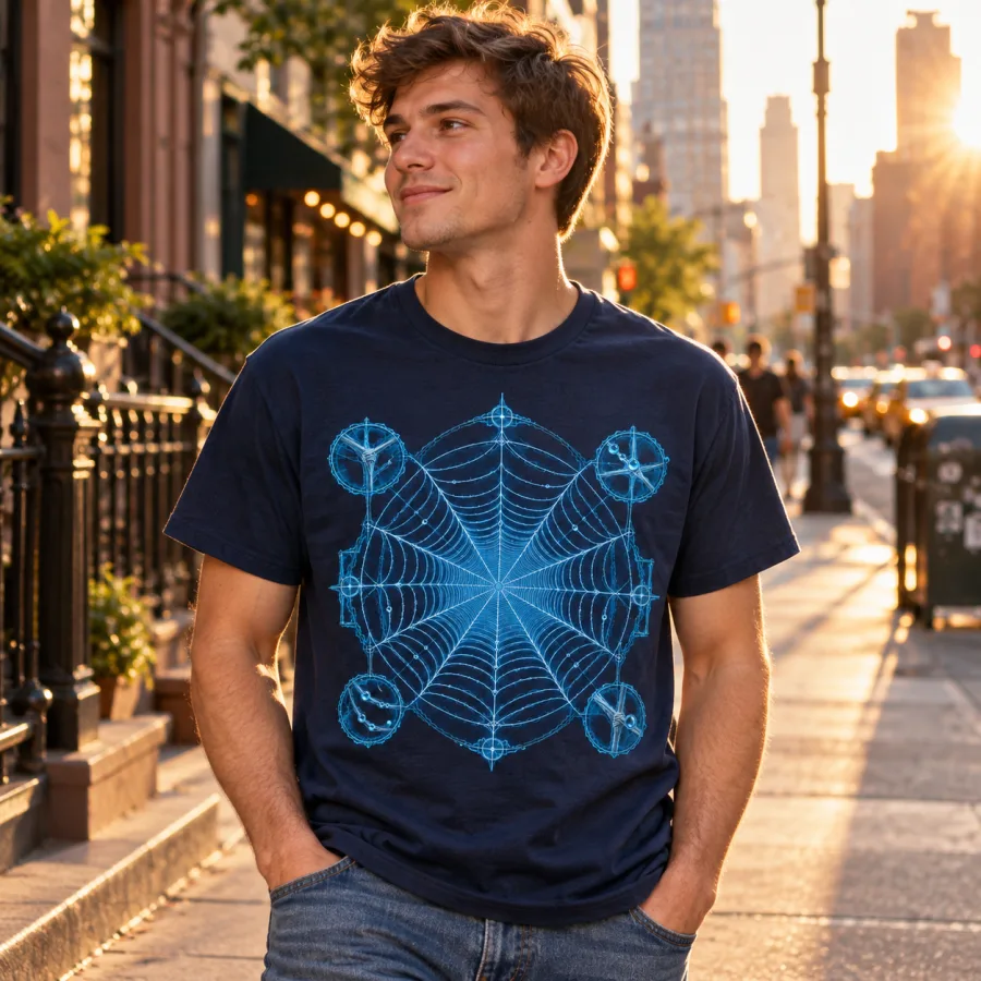 Young architect wearing Web Blueprint spider web shirt at a drafting desk in a sunlit studio