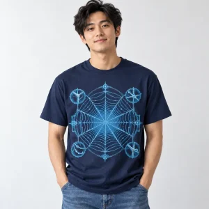 Man wearing navy Web Blueprint tee showing the blueprint-style web on the chest