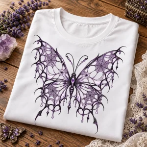 Folded White Women's Web Butterfly Illusion artistic spider web shirt showing the lavender and black butterfly-like web graphic