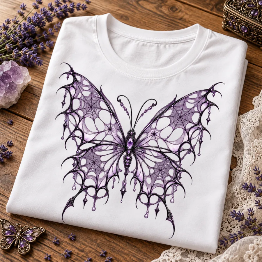Folded White Women's Web Butterfly Illusion artistic spider web shirt showing the lavender and black butterfly-like web graphic