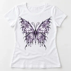 Front flat lay of White Women's Web Butterfly Illusion artistic spider web shirt with lavender and black mirrored wing design
