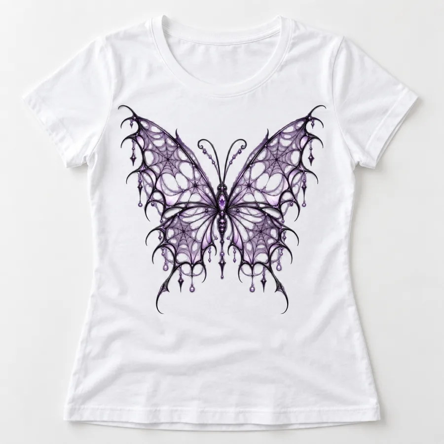 Front flat lay of White Women's Web Butterfly Illusion artistic spider web shirt with lavender and black mirrored wing design