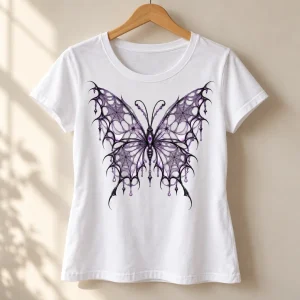 White Women's Web Butterfly Illusion artistic spider web shirt hanging on a natural wooden hanger