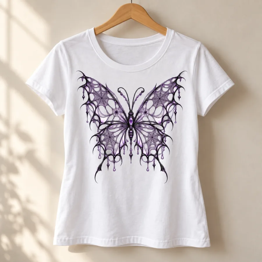 White Women's Web Butterfly Illusion artistic spider web shirt hanging on a natural wooden hanger