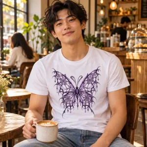 Asian American man wearing White Women's Web Butterfly Illusion artistic spider web shirt in a warmly lit coffee shop