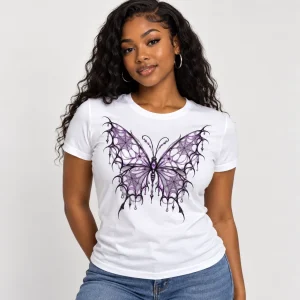 Black woman wearing White Women's Web Butterfly Illusion artistic spider web shirt with centered lavender and black print