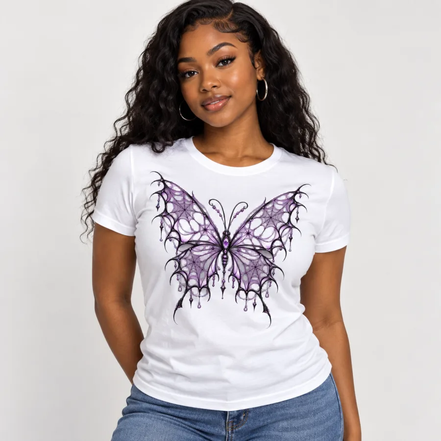 Black woman wearing White Women's Web Butterfly Illusion artistic spider web shirt with centered lavender and black print