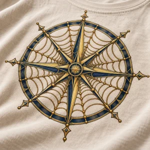 Close-up of Web Compass navy and antique-gold-look print showing cotton fabric texture