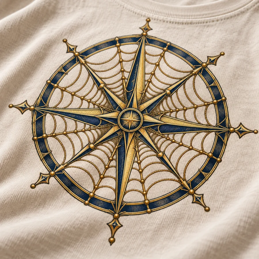 Close-up of Web Compass navy and antique-gold-look print showing cotton fabric texture