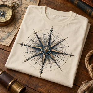 Folded Natural Web Compass compass spider web shirt on a wooden table with nautical props