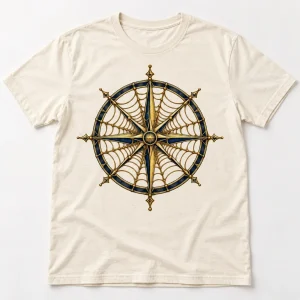 Front flat lay of Natural Web Compass compass spider web shirt with navy and antique-gold-look print