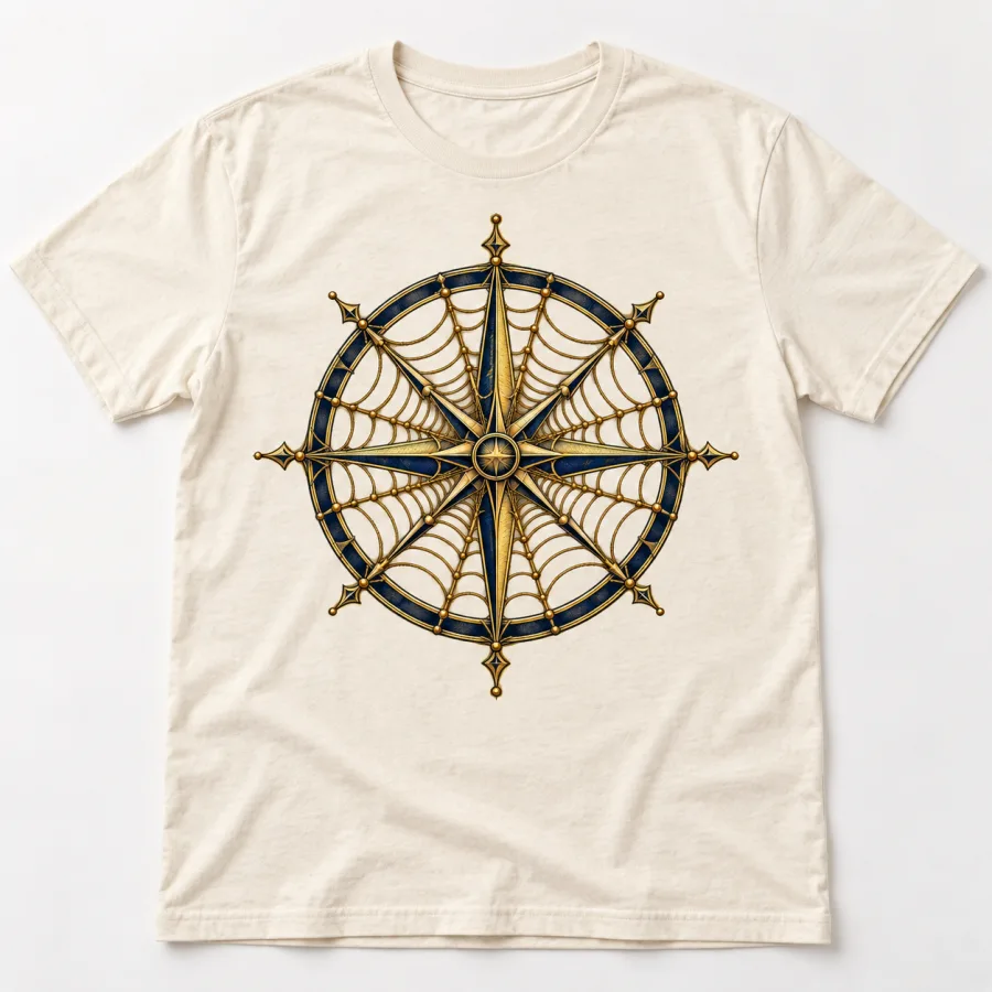 Front flat lay of Natural Web Compass compass spider web shirt with navy and antique-gold-look print